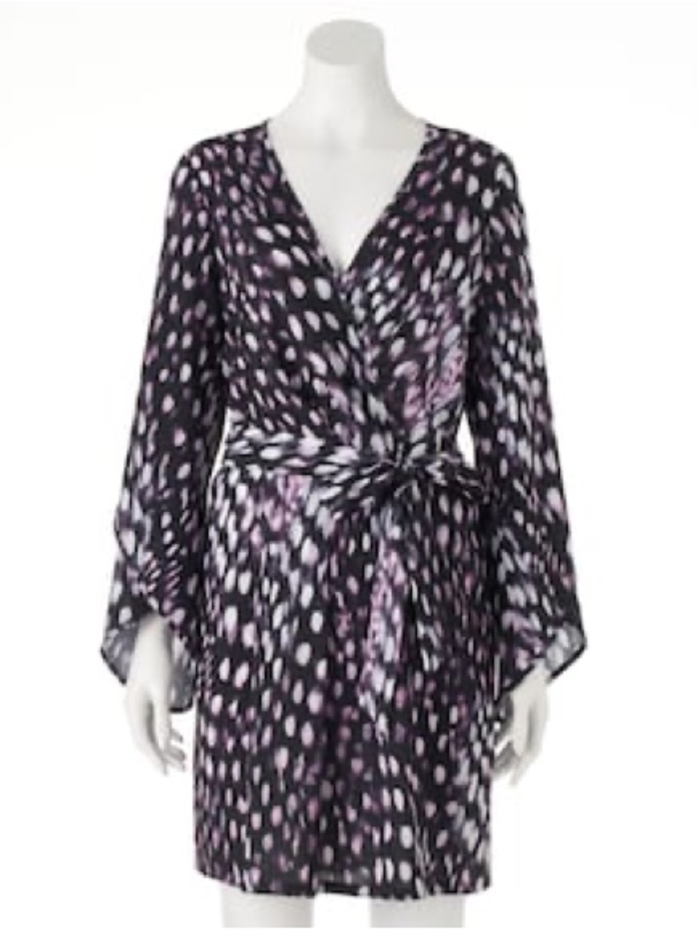 Jennifer Lopez Black and Lavender Printed Long Sleeve Wrap Dress